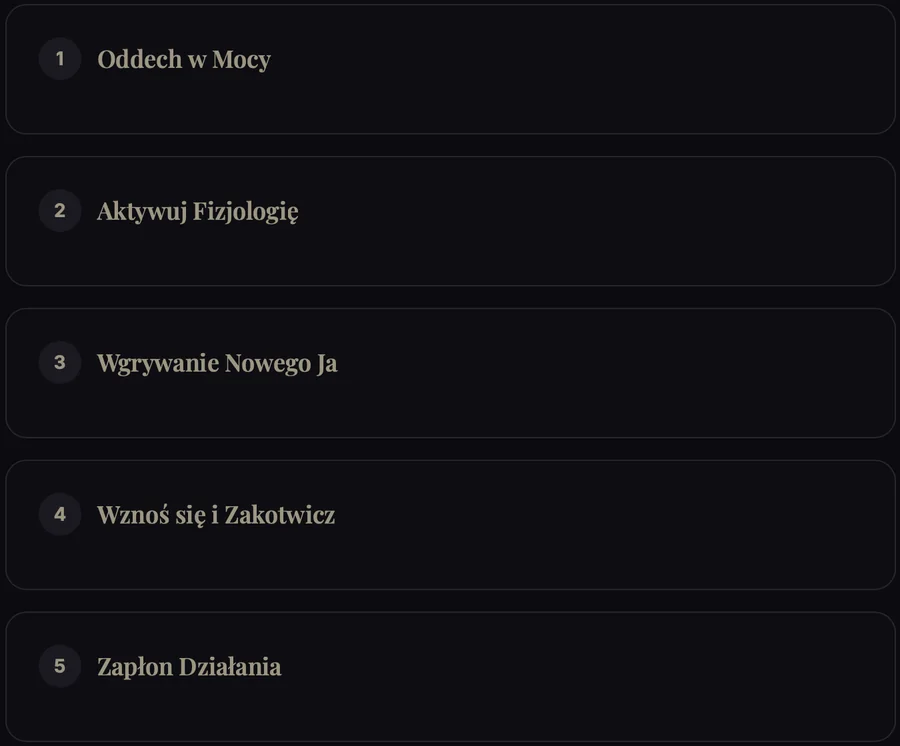 Ekran aplikacji: lista etapów Oddechu Smoka od 1 do 5