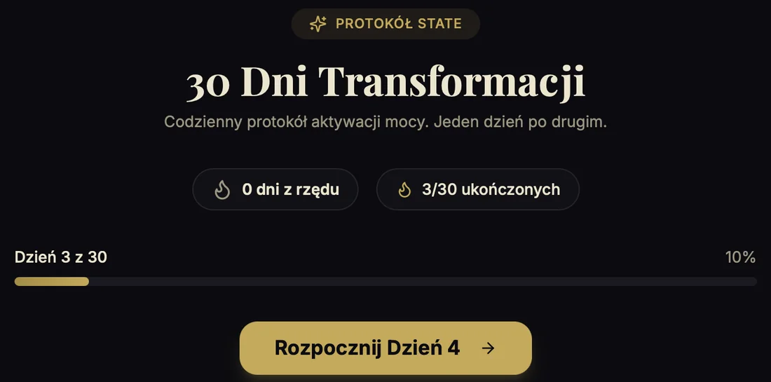 Ekran startowy aplikacji: 30 Dni Transformacji, postęp i przycisk Rozpocznij dzień
